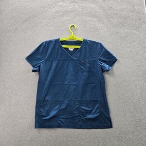 Koi By Kathy Peterson Women Scrub Top L Blue Button PO#CT89024 Short Sleeve Logo